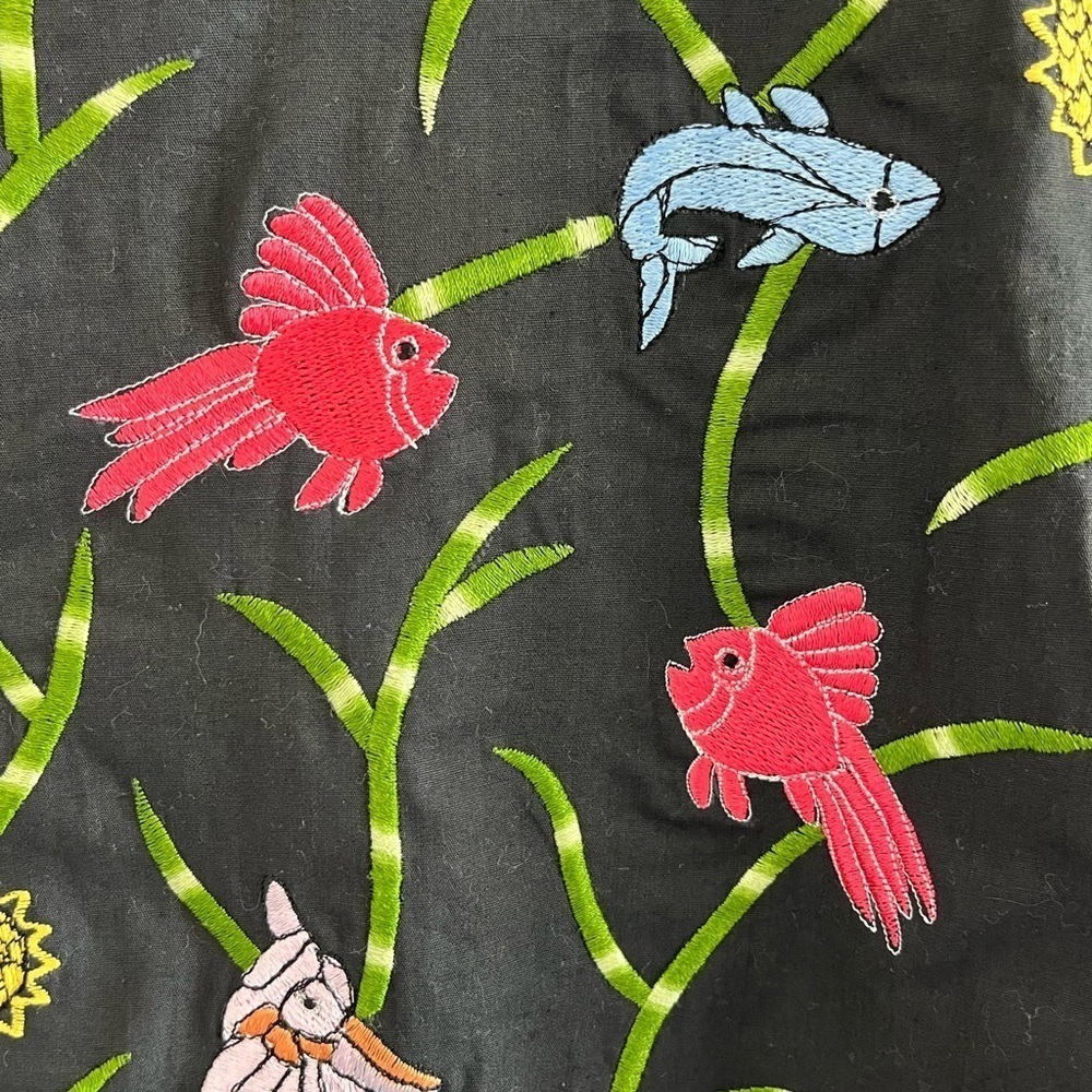 Colorful Embroidered Fish Black Satin Suit Vest Button Front Seahorse Novelty L - Picture 4 of 11